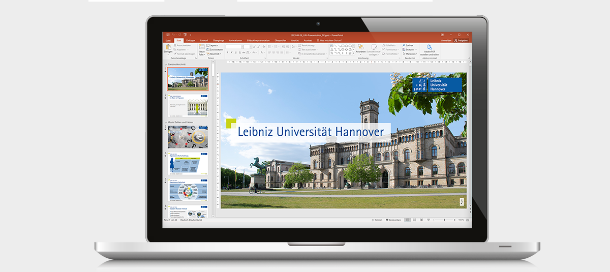 Laptop mit Beispiel-Powerpoint-Präsentation der Leibniz Universität